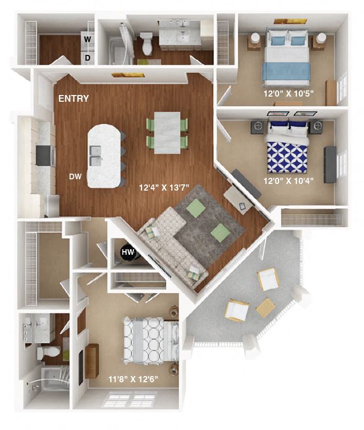 Floor plan for 3 beds, 2 baths, 1287 sqft